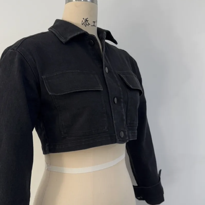 Women's Cropped Collar Denim Jacket with Slightly Dropped Shoulders