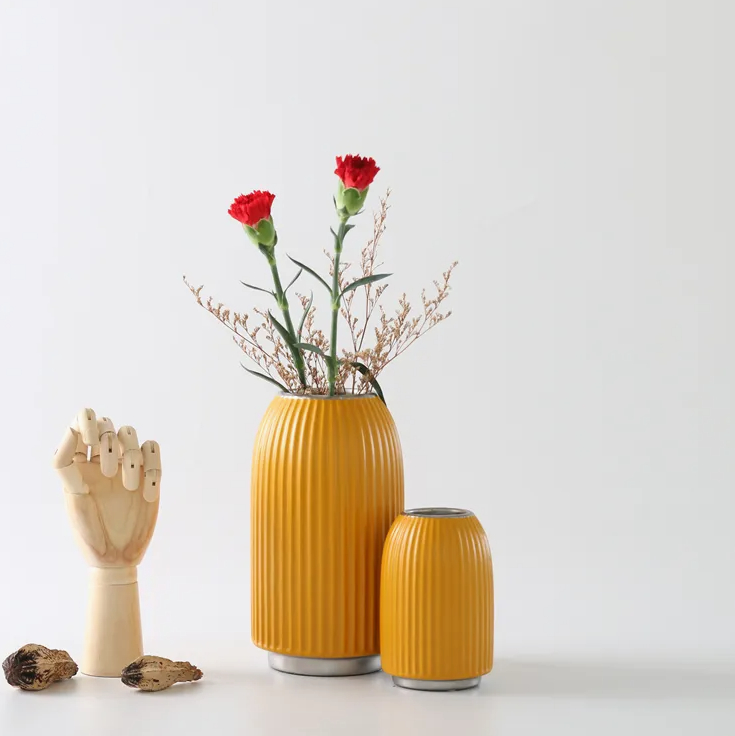 Modern Vertical Grain Pumpkin Color Ceramic Flower Vase – Stylish Home Décor
