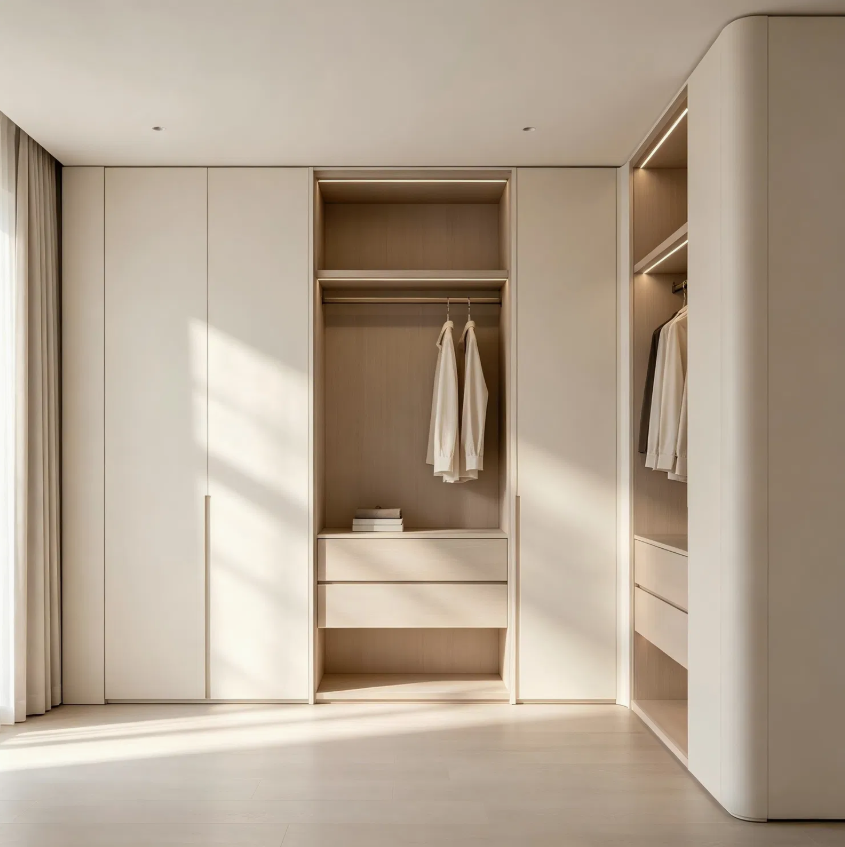 Modern Bedroom Wardrobe Closet with Handleless Doors & Integrated LED Lighting