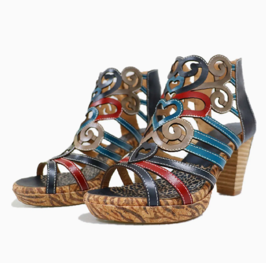 Women's Retro Hollow Genuine Leather High Heel Sandals – Love Shape Open-Toe Design