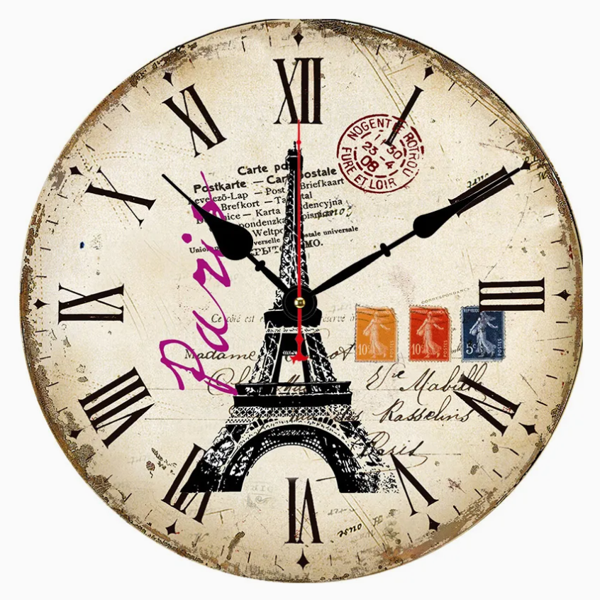 34cm Retro Eiffel Tower Wooden Wall Clock – Silent Quartz Vintage Home Décor