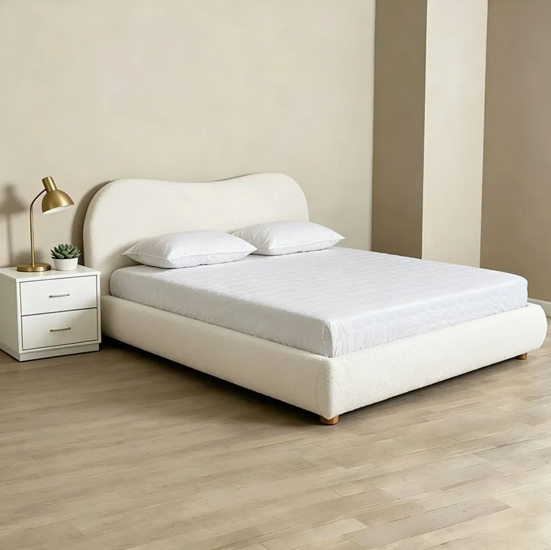 Modern Soft Bouclé Upholstered Bed with Solid Platform Base