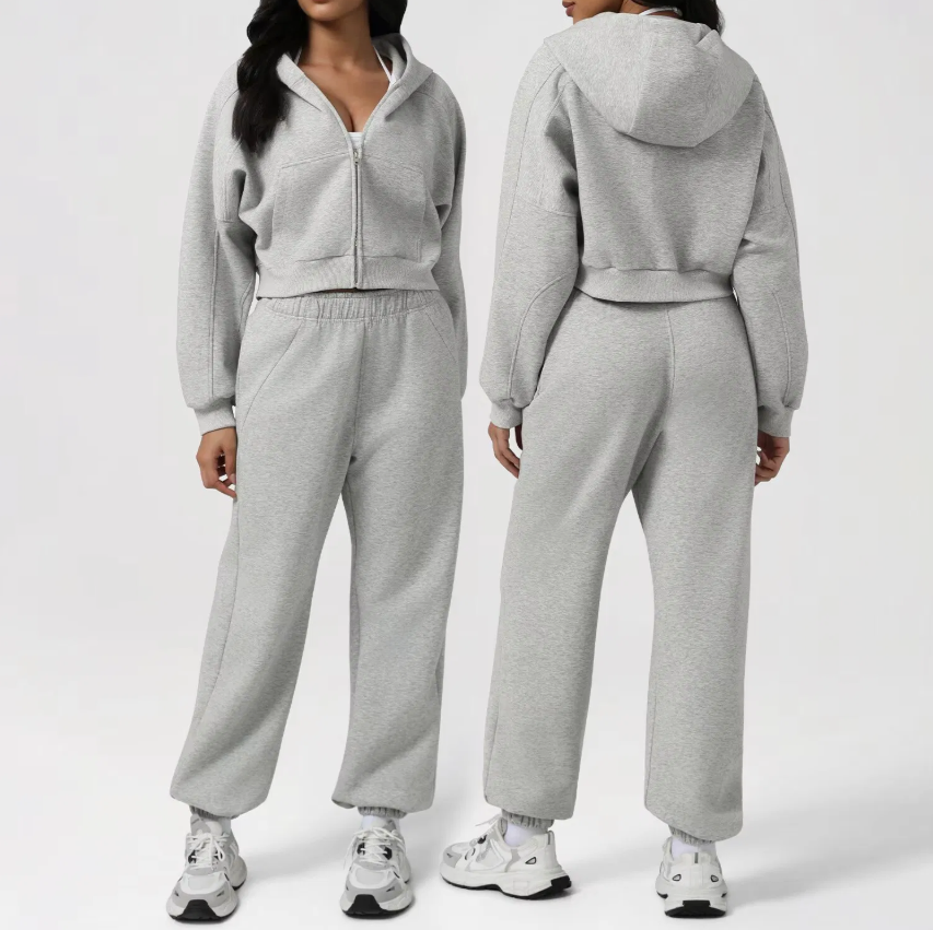 Women's Autumn Winter Hooded Sports Tracksuit Set – Loose Fit Thermal Running & Yoga Wear